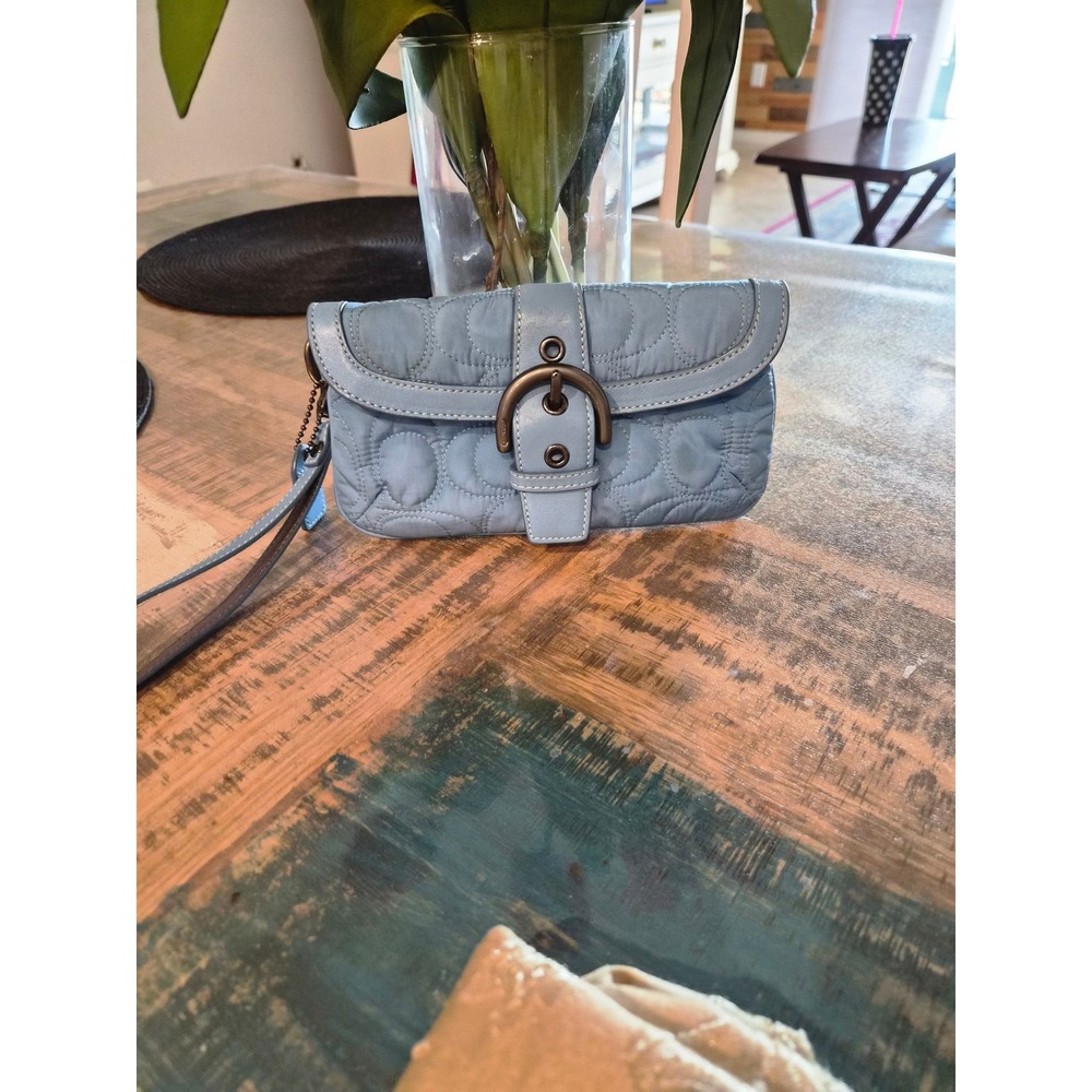 Coach Blue Quilted Signature Nylon Wristlet Buckle Pouch Bag